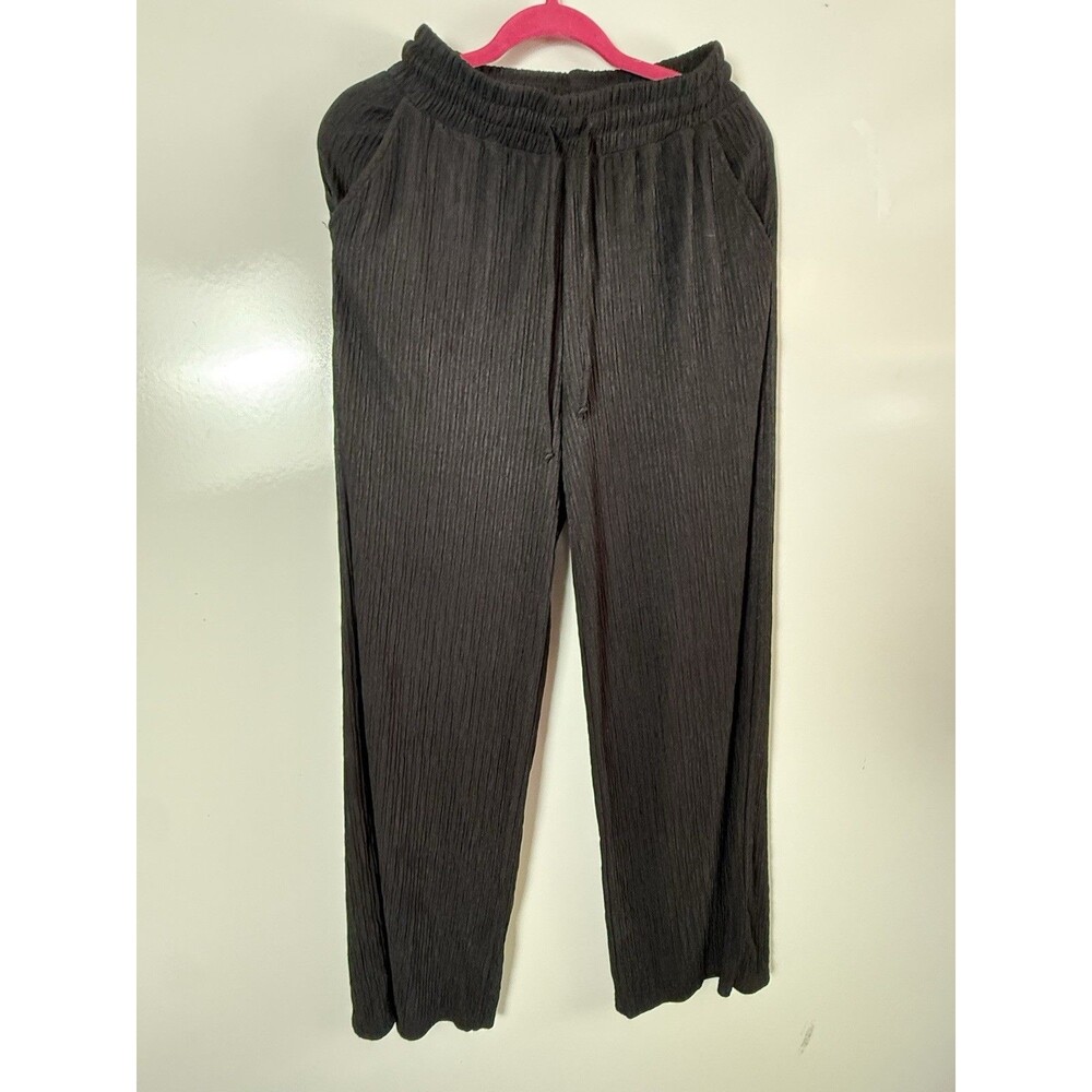 Black Wide Leg Palazzo Pants Boho Minimalist Coastal Flowy Crinkle Size L